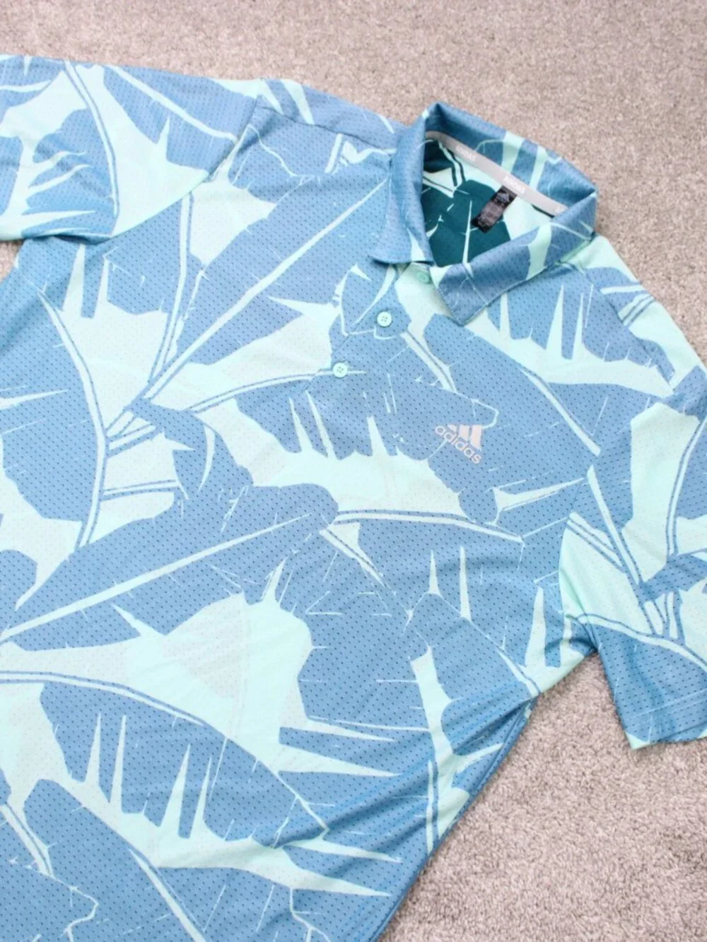 Adidas Golf Polo Shirt Mens Large Blue Palm Leaf Mesh Reverse Print Short Sleeve